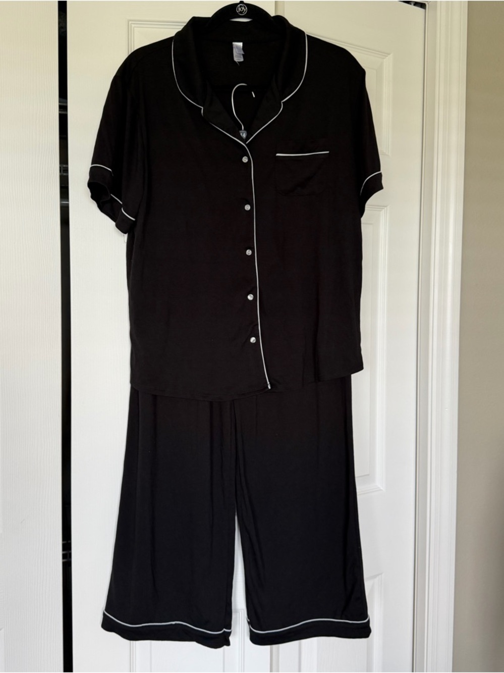 Women's Black Short-Sleeve Pajama Set with White Piping